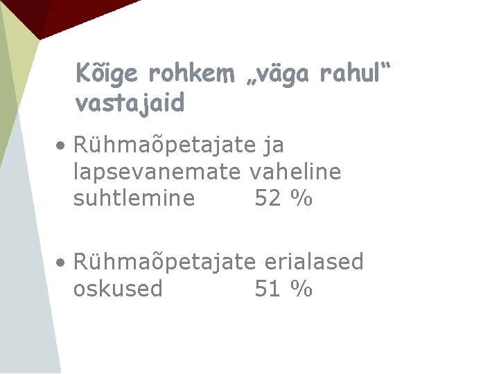 Kõige rohkem „väga rahul“ vastajaid • Rühmaõpetajate ja lapsevanemate vaheline suhtlemine 52 % •