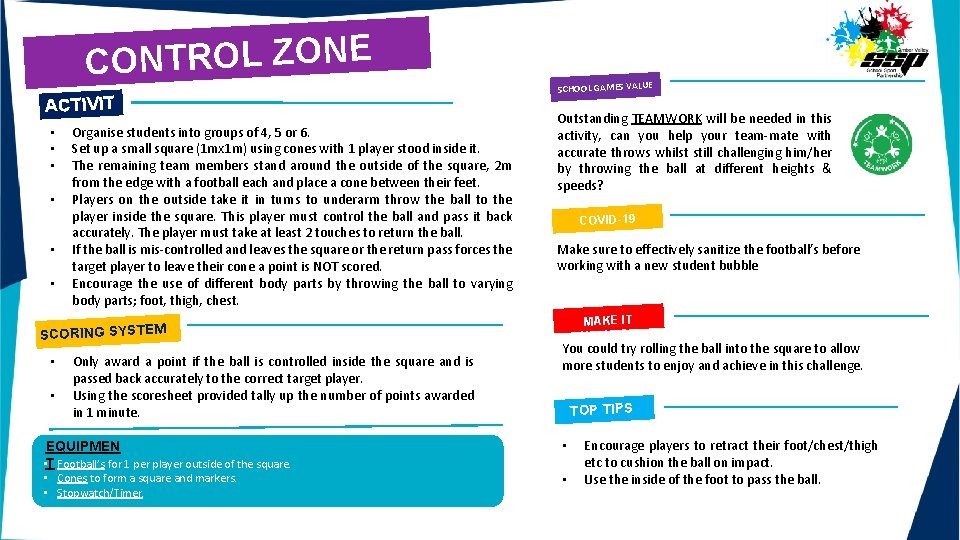 CONTROL ZONE ACTIVIT Y • Organise students into groups of 4, 5 or 6.