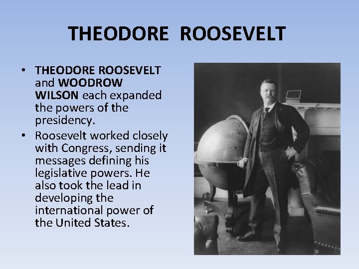 THEODORE ROOSEVELT • THEODORE ROOSEVELT and WOODROW WILSON each expanded the powers of the