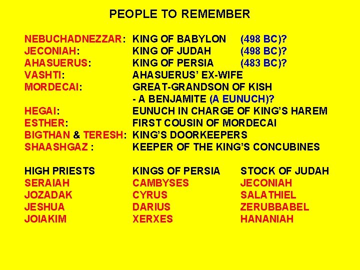PEOPLE TO REMEMBER NEBUCHADNEZZAR: JECONIAH: AHASUERUS: VASHTI: MORDECAI: KING OF BABYLON (498 BC)? KING