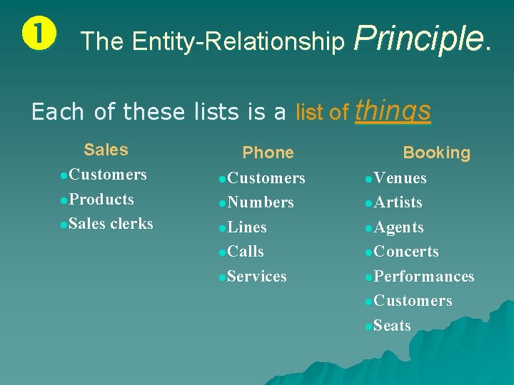  The Entity-Relationship Principle. Each of these lists is a list of things Sales