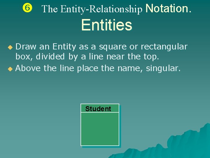  The Entity-Relationship Notation. Entities Draw an Entity as a square or rectangular box,