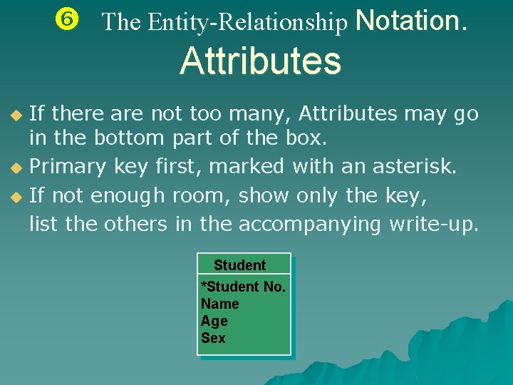  The Entity-Relationship Notation. Attributes If there are not too many, Attributes may go