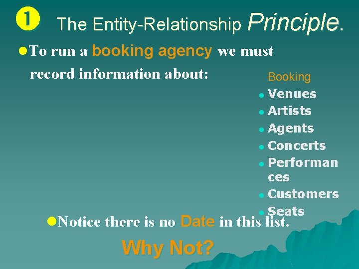  The Entity-Relationship Principle. l. To run a booking agency we must record information