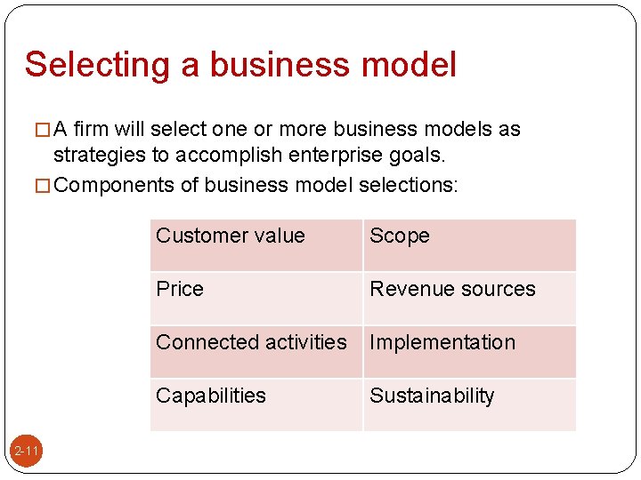 Selecting a business model � A firm will select one or more business models