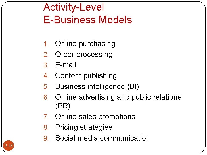 Activity-Level E-Business Models 1. Online purchasing 2. Order processing 3. E-mail 4. Content publishing