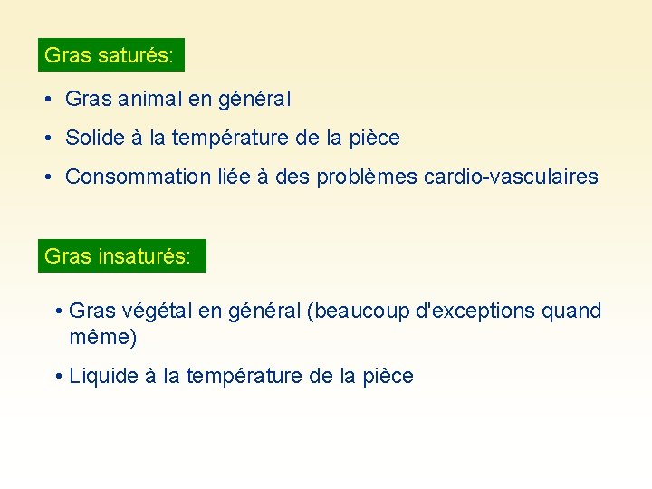 Gras saturés: • Gras animal en général • Solide à la température de la