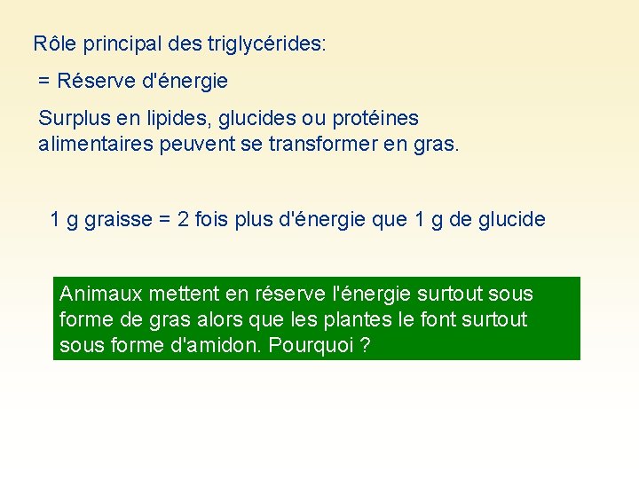 Rôle principal des triglycérides: = Réserve d'énergie Surplus en lipides, glucides ou protéines alimentaires