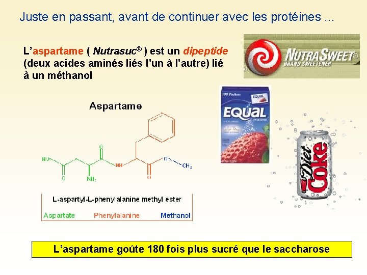 Juste en passant, avant de continuer avec les protéines. . . L’aspartame ( Nutrasuc®