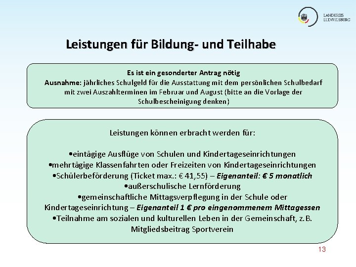 Leistungen für Bildung- und Teilhabe Es ist ein gesonderter Antrag nötig Ausnahme: jährliches Schulgeld Leistungen für Bildung- und Teilhabe Es ist ein gesonderter Antrag nötig Ausnahme: jährliches Schulgeld