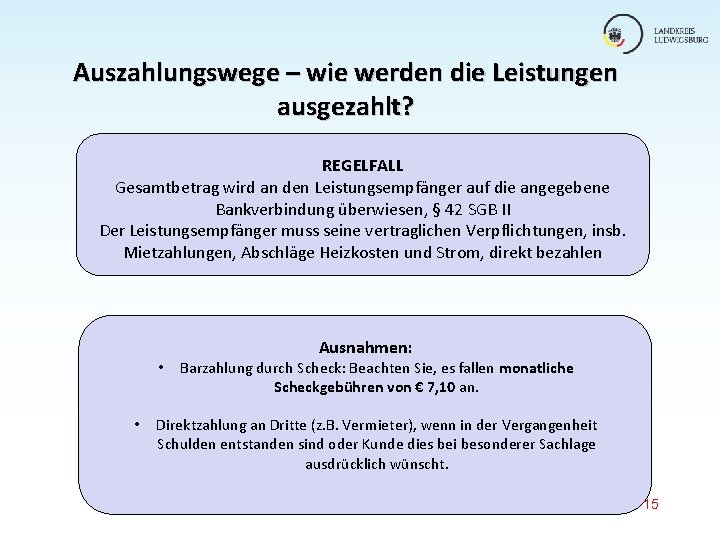 Auszahlungswege – wie werden die Leistungen ausgezahlt? REGELFALL Gesamtbetrag wird an den Leistungsempfänger auf Auszahlungswege – wie werden die Leistungen ausgezahlt? REGELFALL Gesamtbetrag wird an den Leistungsempfänger auf