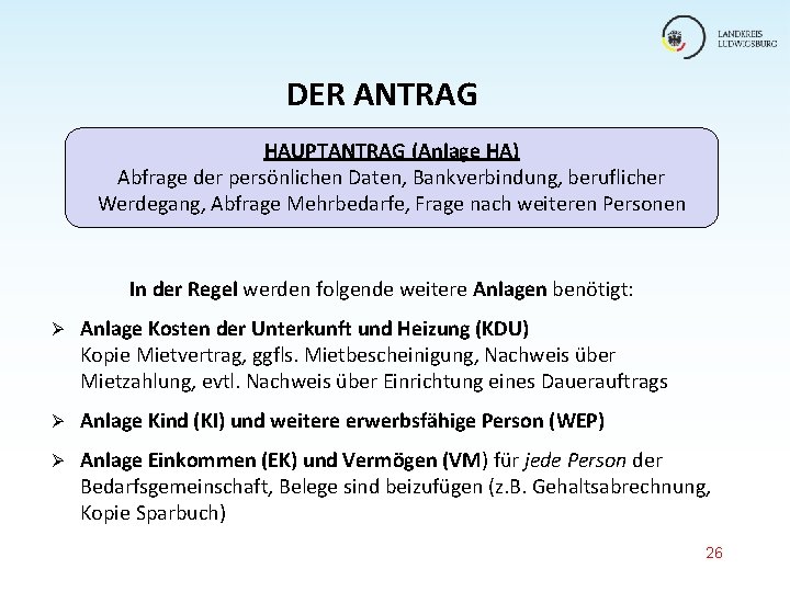 DER ANTRAG HAUPTANTRAG (Anlage HA) Abfrage der persönlichen Daten, Bankverbindung, beruflicher Werdegang, Abfrage Mehrbedarfe, DER ANTRAG HAUPTANTRAG (Anlage HA) Abfrage der persönlichen Daten, Bankverbindung, beruflicher Werdegang, Abfrage Mehrbedarfe,