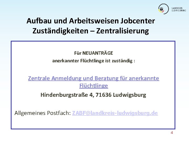 Aufbau und Arbeitsweisen Jobcenter Zuständigkeiten – Zentralisierung Für NEUANTRÄGE anerkannter Flüchtlinge ist zuständig : Aufbau und Arbeitsweisen Jobcenter Zuständigkeiten – Zentralisierung Für NEUANTRÄGE anerkannter Flüchtlinge ist zuständig :