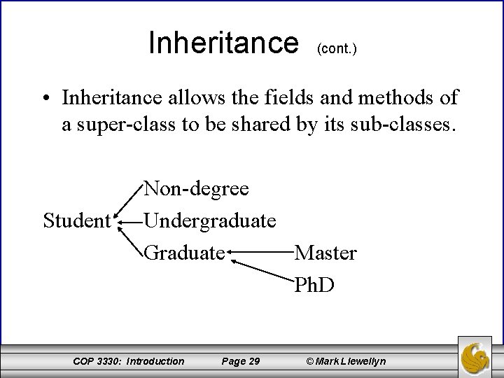 Inheritance (cont. ) • Inheritance allows the fields and methods of a super-class to