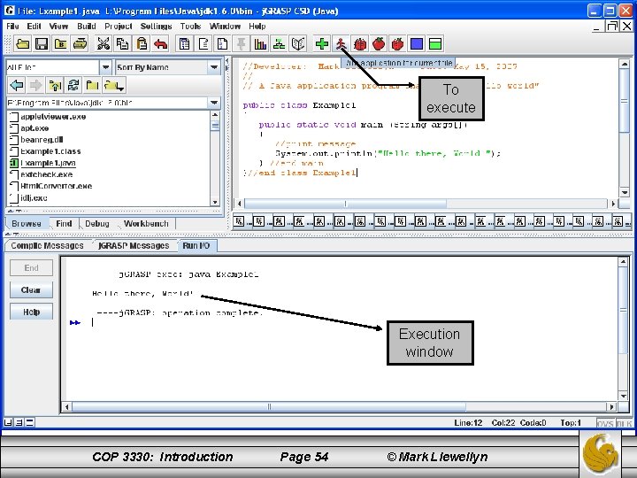 To execute Execution window COP 3330: Introduction Page 54 © Mark Llewellyn 