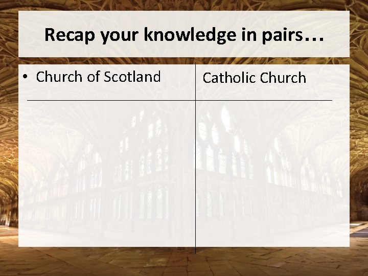 Recap your knowledge in pairs… • Church of Scotland Catholic Church 