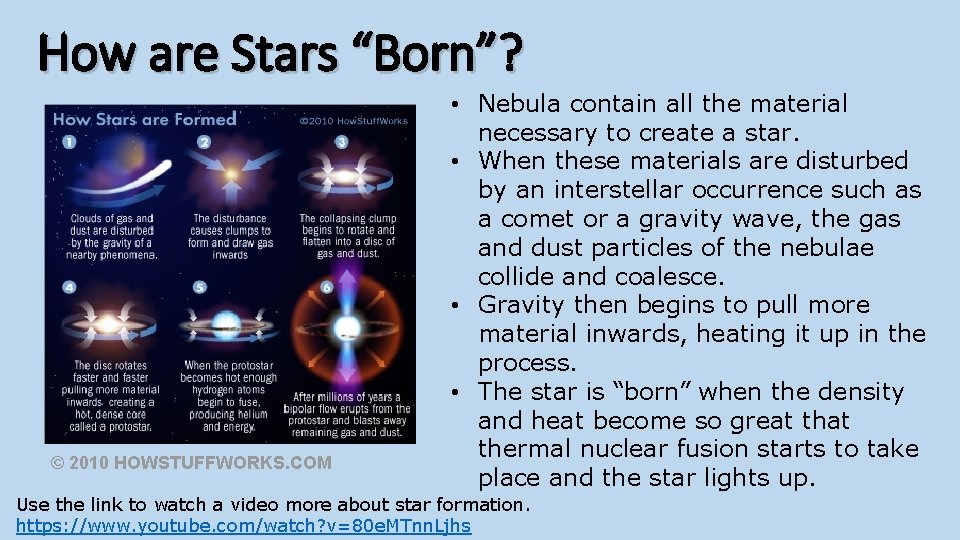 How are Stars “Born”? © 2010 HOWSTUFFWORKS. COM • Nebula contain all the material