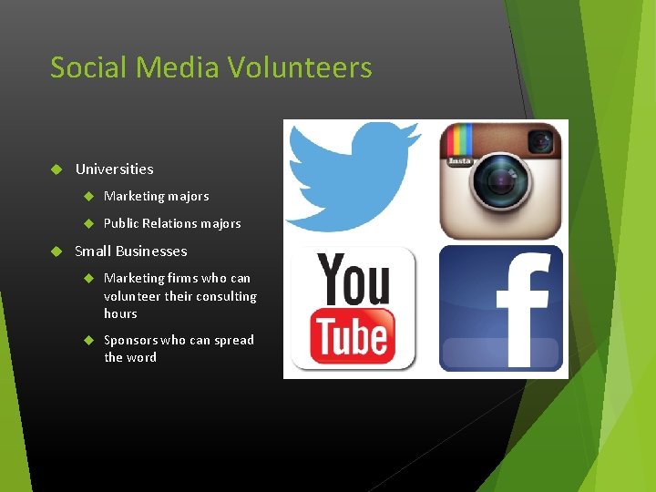 Social Media Volunteers Universities Marketing majors Public Relations majors Small Businesses Marketing firms who