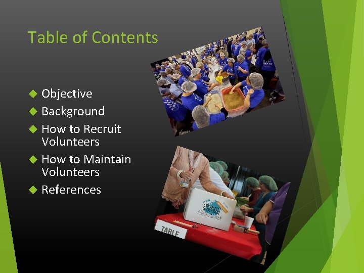 Table of Contents Objective Background How to Recruit Volunteers How to Maintain Volunteers References