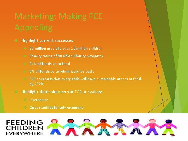 Marketing: Making FCE Appealing Highlight current successes 20 million meals to over 10 million