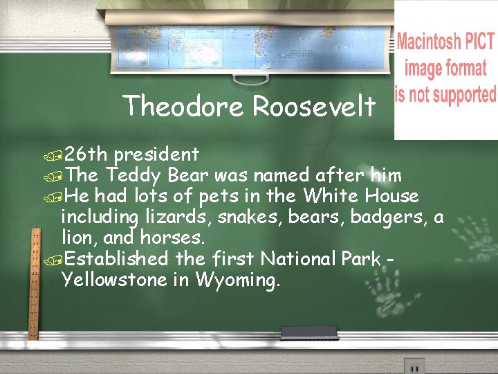 Theodore Roosevelt /26 th president /The Teddy Bear was named after him /He had