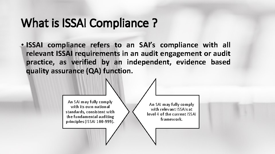 What is ISSAI Compliance ? • ISSAI compliance refers to an SAI’s compliance with