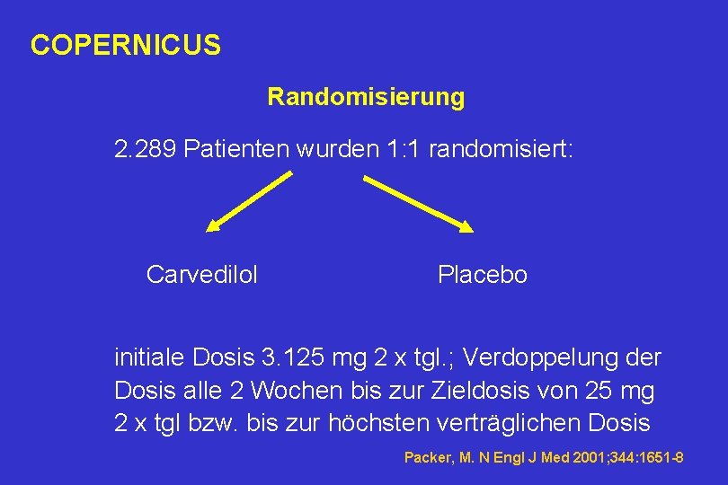 COPERNICUS Randomisierung 2. 289 Patienten wurden 1: 1 randomisiert: Carvedilol Placebo initiale Dosis 3.