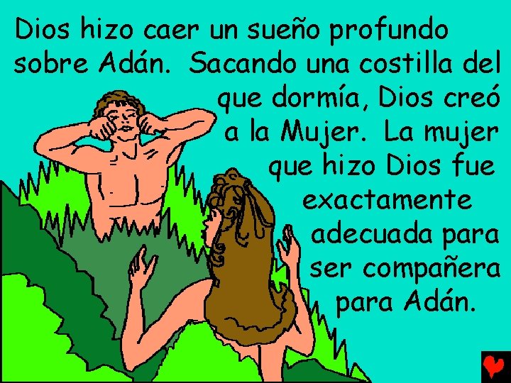 Dios hizo caer un sueño profundo sobre Adán. Sacando una costilla del que dormía,