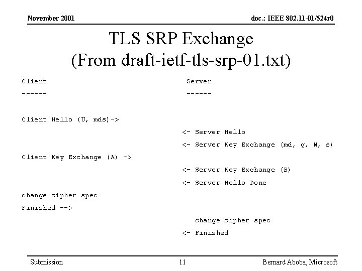 November 2001 doc. : IEEE 802. 11 -01/524 r 0 TLS SRP Exchange (From