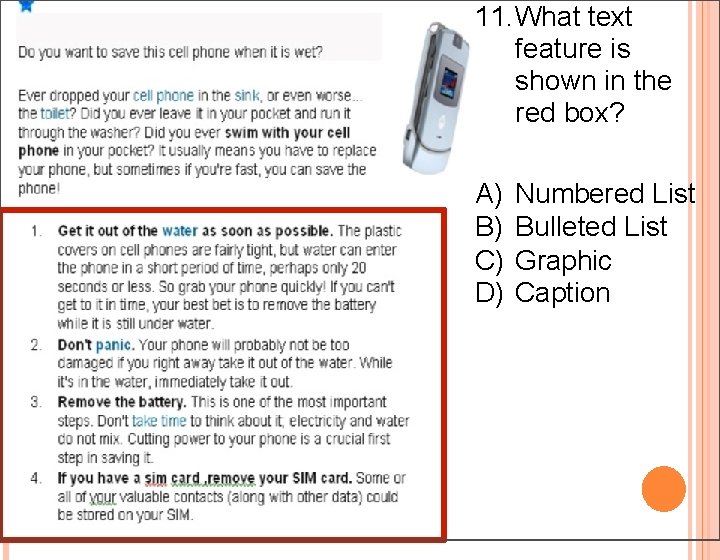 11. What text feature is shown in the red box? A) B) C) D) 11. What text feature is shown in the red box? A) B) C) D)
