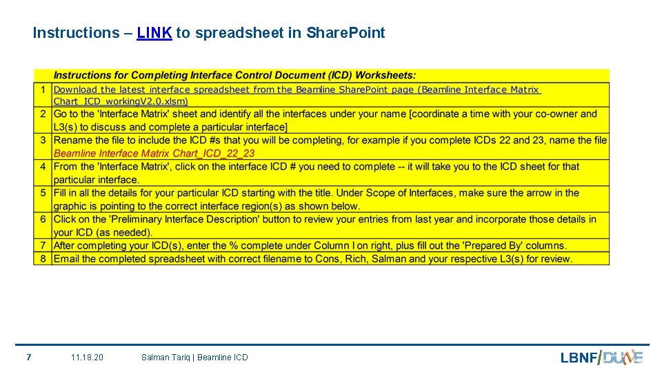 Instructions – LINK to spreadsheet in Share. Point 7 11. 18. 20 Salman Tariq