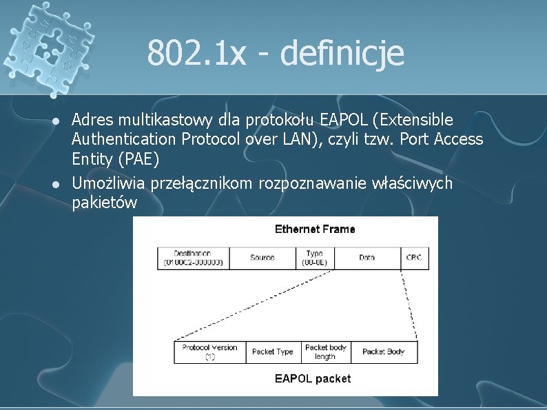 802. 1 x - definicje l l Adres multikastowy dla protokołu EAPOL (Extensible Authentication