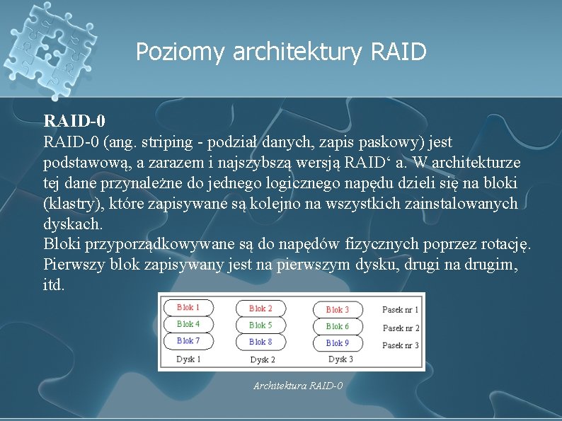 Poziomy architektury RAID-0 (ang. striping - podział danych, zapis paskowy) jest podstawową, a zarazem