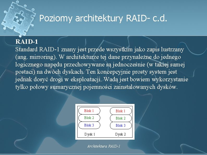 Poziomy architektury RAID- c. d. RAID-1 Standard RAID-1 znany jest przede wszystkim jako zapis