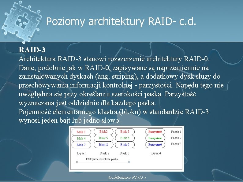 Poziomy architektury RAID- c. d. RAID-3 Architektura RAID-3 stanowi rozszerzenie architektury RAID-0. Dane, podobnie