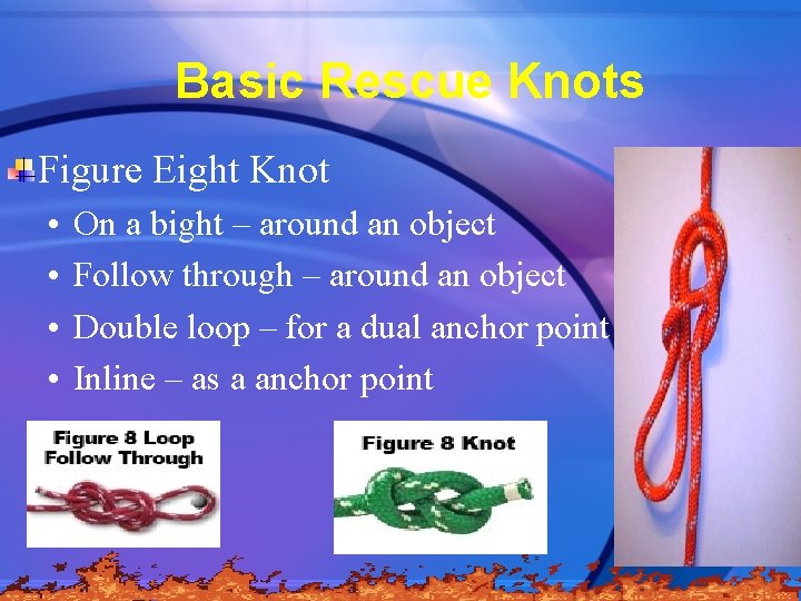 Basic Rescue Knots Figure Eight Knot • • On a bight – around an