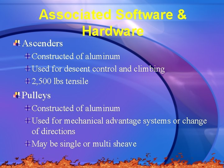 Associated Software & Hardware Ascenders Constructed of aluminum Used for descent control and climbing