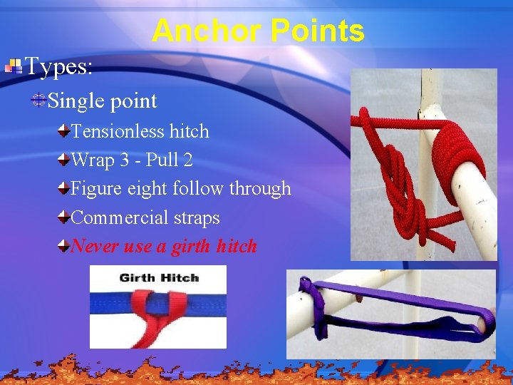 Anchor Points Types: Single point Tensionless hitch Wrap 3 - Pull 2 Figure eight