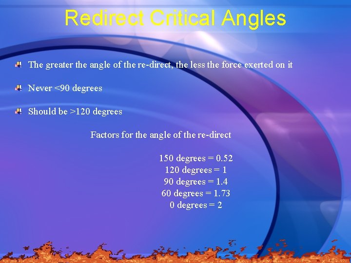 Redirect Critical Angles The greater the angle of the re-direct, the less the force