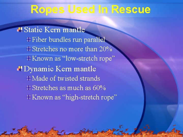 Ropes Used In Rescue Static Kern mantle Fiber bundles run parallel Stretches no more