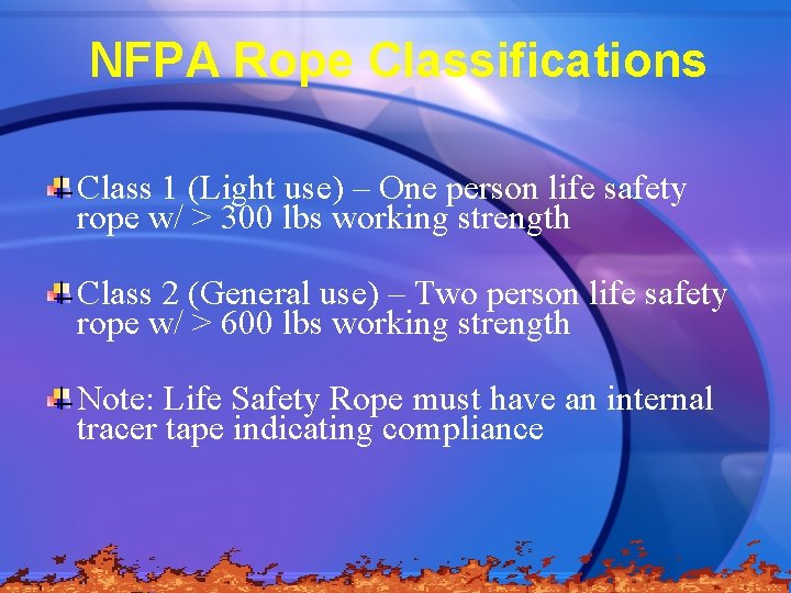 NFPA Rope Classifications Class 1 (Light use) – One person life safety rope w/