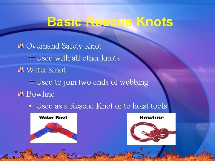 Basic Rescue Knots Overhand Safety Knot Used with all other knots Water Knot Used