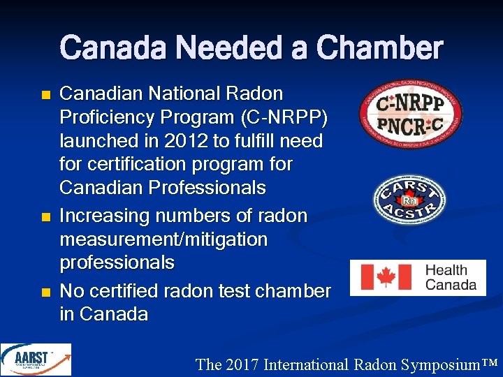 Canada Needed a Chamber n n n Canadian National Radon Proficiency Program (C-NRPP) launched