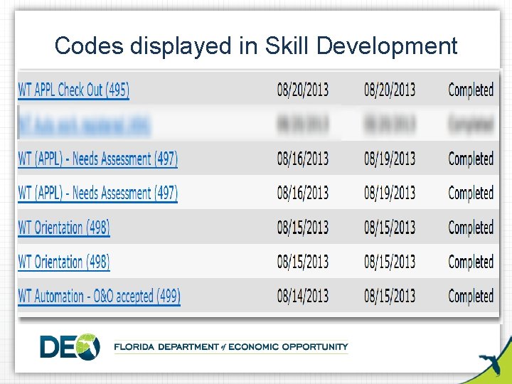 Codes displayed in Skill Development 