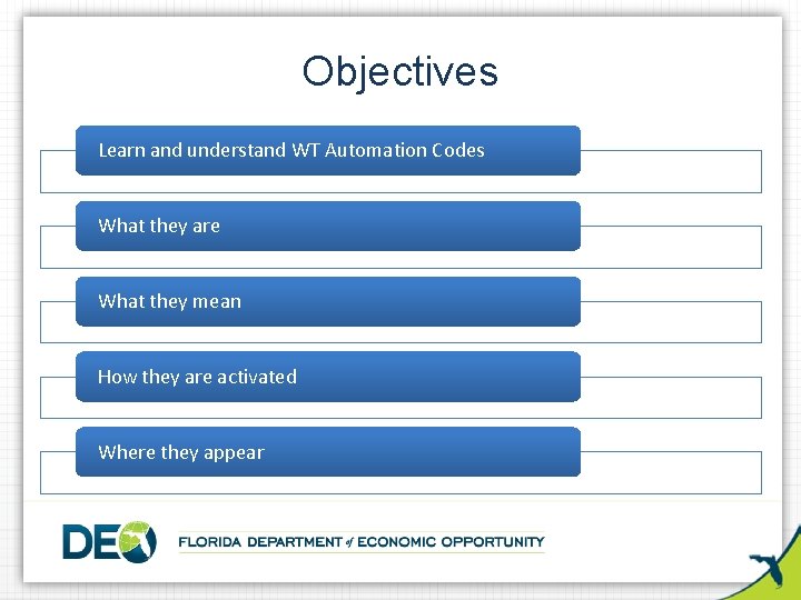 Objectives Learn and understand WT Automation Codes What they are What they mean How