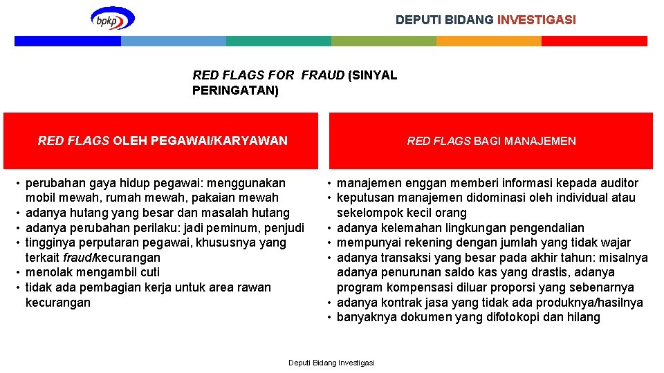 DEPUTI BIDANG INVESTIGASI RED FLAGS FOR FRAUD (SINYAL PERINGATAN) RED FLAGS OLEH PEGAWAI/KARYAWAN RED