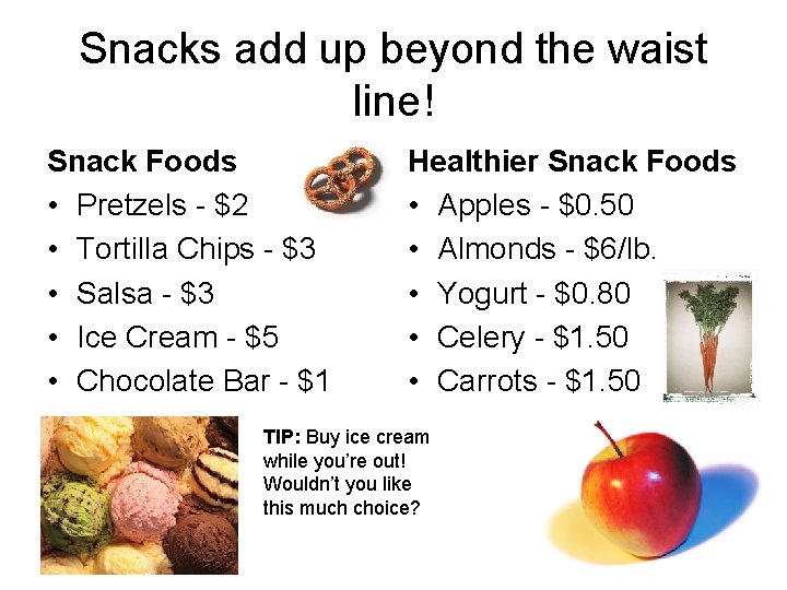 Snacks add up beyond the waist line! Snack Foods • Pretzels - $2 •