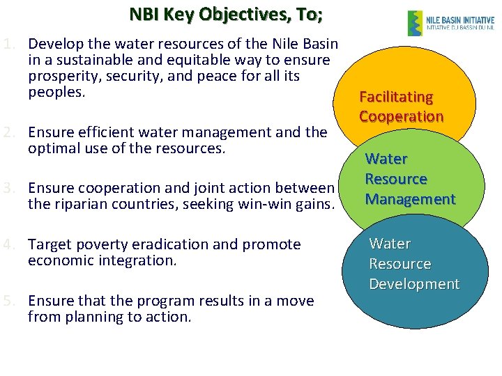 NBI Key Objectives, To; 1. Develop the water resources of the Nile Basin in