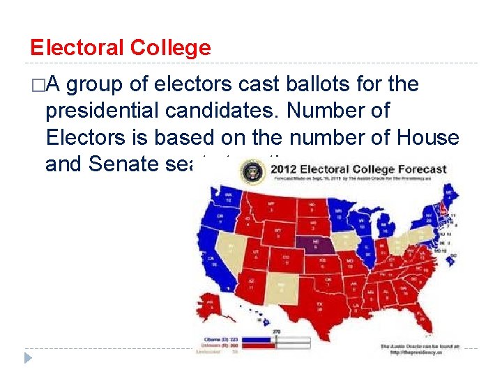 Electoral College �A group of electors cast ballots for the presidential candidates. Number of