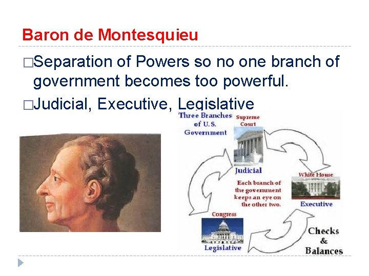 Baron de Montesquieu �Separation of Powers so no one branch of government becomes too